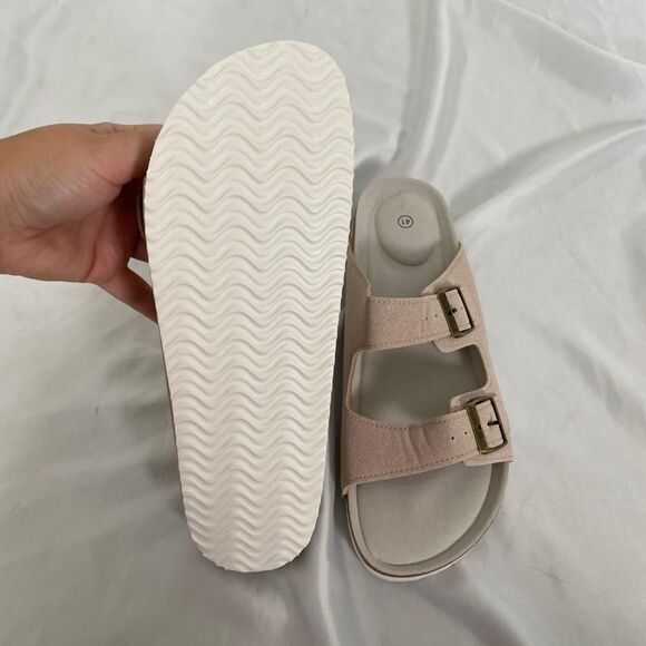 Boho Cream Nude Faux Suede Brassy Gold Buckle Sandals / Slides EU 41 US 10.5 - Picture 3 of 5